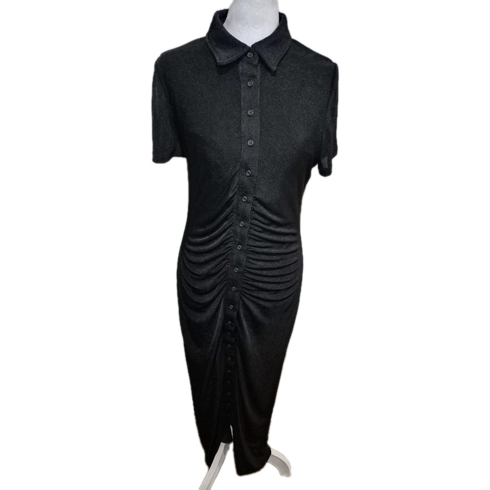 Fashion Nova Ruched Maxi Dress Sz XL Black Short Sleeve Button-Down Whimsigoth - Picture 2 of 6
